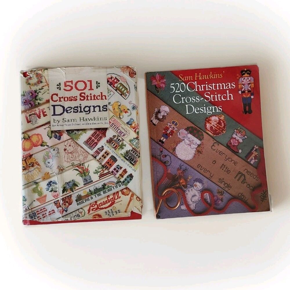 520 & 501 Cross Stitch Designs by Sam Hawkins Set of 2 Books - Vintage